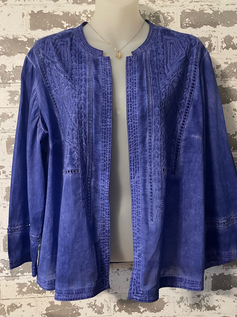 Chico’s Embroidered Cotton Open Front Jacket Top – Indigo Blue – Size 2 (Large)